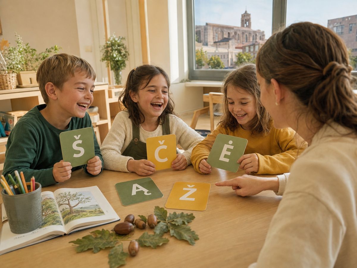 Vaikai klasėje Lleidoje juokiasi ir žaidžia su lietuviškų raidžių kortelėmis; ant stalo gilės ir ąžuolo lapai.